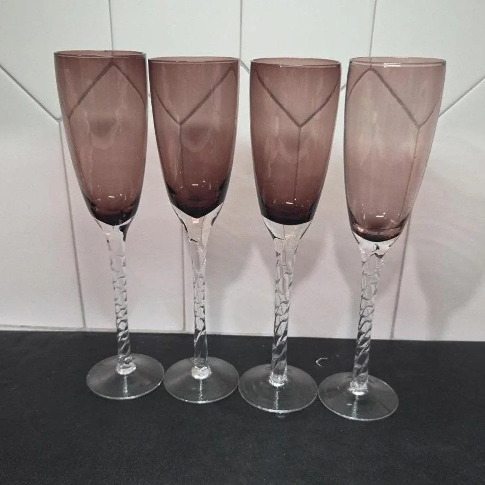 Pier 1 Amethyst Purple Champagne Flutes, Set of 4, Vintage Twisted Stem Stemware